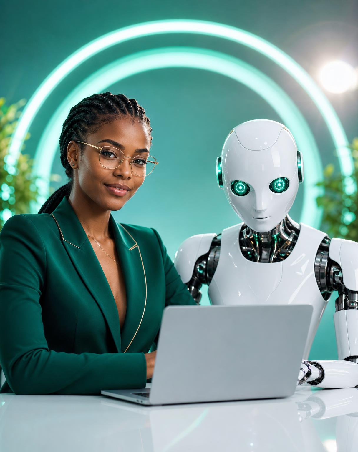 A professional EVERMORE member and her AI robot partner working on a laptop in a futuristic teal studio
